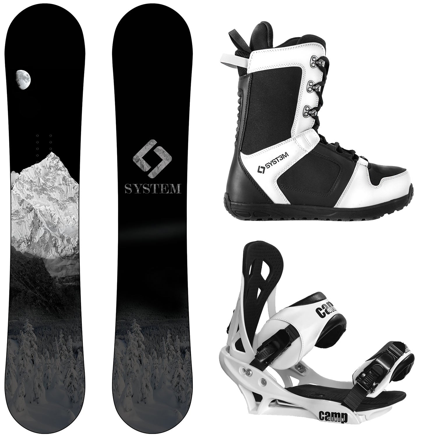 NEXT ホワイト ブラック ハードブーツ 2026 Complete Snowboard Package - System MTN, APX Boots, Summit