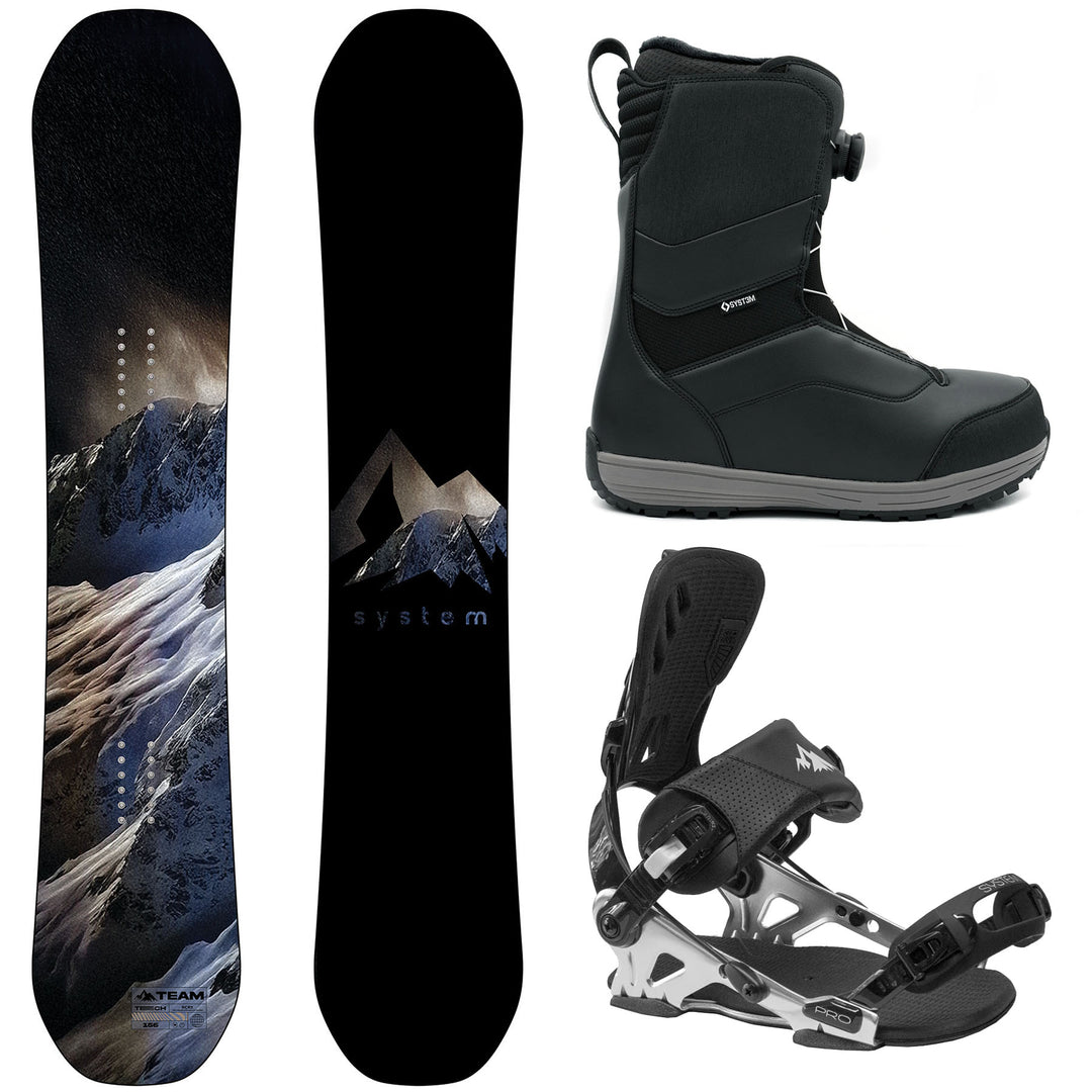 System Team Snowboard, Team Pro Twist Boots, Pro rear Entry Bindings - Men's Complete Snowboard Package 2027