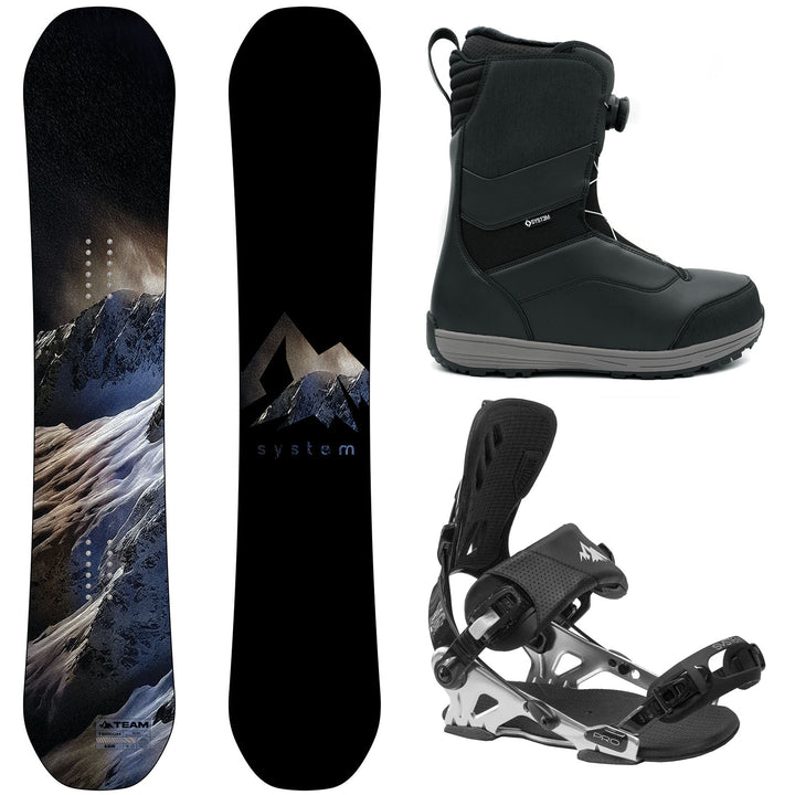 System Team Snowboard, Team Pro Twist Boots, Pro rear Entry Bindings - Men's Complete Snowboard Package 2027